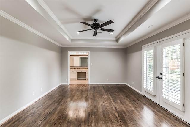 5541 Schumacher Ln, Houston, TX 77056 - unfurnished living room with french doors, a raised ceiling, dark wood finished floors, ceiling fan, and crown molding