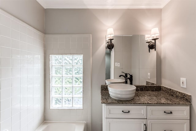 5541 Schumacher Ln, Houston, TX 77056 - full bath with a bath, vanity, and ornamental molding
