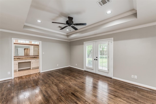 5541 Schumacher Ln, Houston, TX 77056 - unfurnished living room with a tray ceiling, french doors, wood finished floors, a ceiling fan, and crown molding
