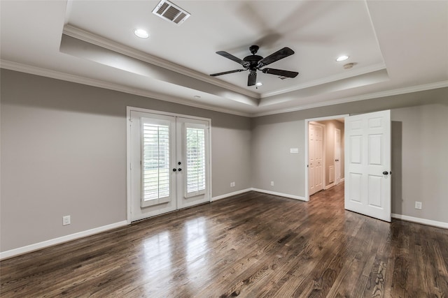 5541 Schumacher Ln, Houston, TX 77056 - empty room with a raised ceiling, ceiling fan, french doors, dark wood-style floors, and crown molding