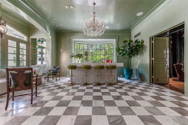1069 Kirby Dr, Houston, TX 77019 - indoor bar with crown molding, a chandelier, decorative light fixtures, and recessed lighting