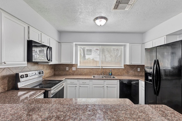 1602 Evesham Dr, Houston, TX 77015 - kitchen featuring black appliances, white cabinetry, backsplash, and a textured ceiling