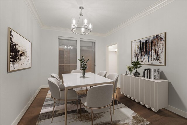 12859 Kingsbridge Ln, Houston, TX 77077 - dining room with a chandelier, crown molding, and dark wood-type flooring