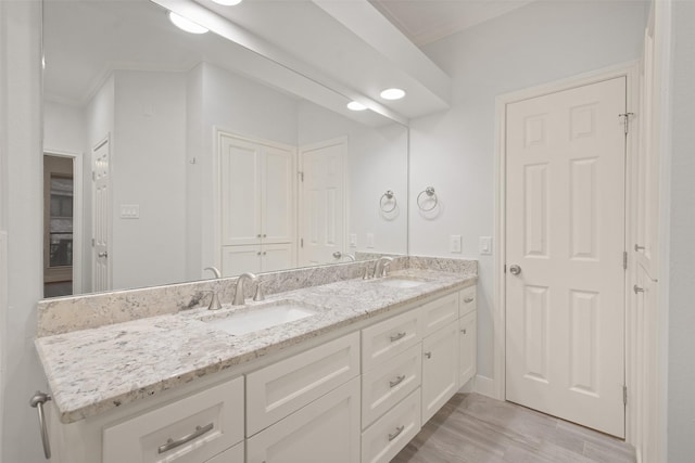 12859 Kingsbridge Ln, Houston, TX 77077 - bathroom featuring double vanity, wood finished floors, and ornamental molding