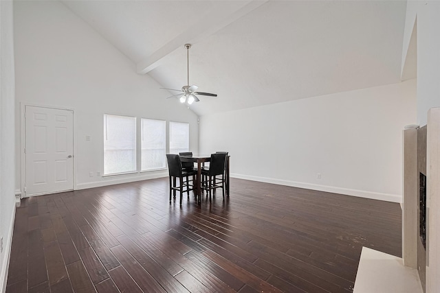 12230 Southmeadow Dr, Stafford, TX 77477 - dining room with dark wood-style floors, ceiling fan, high vaulted ceiling, and beam ceiling