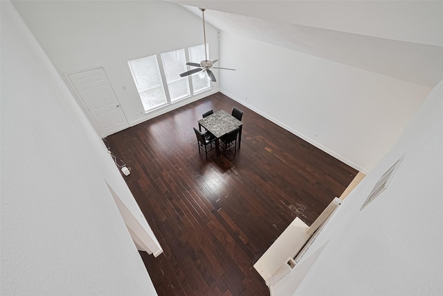 12230 Southmeadow Dr, Stafford, TX 77477 - living area with wood-type flooring, a ceiling fan, and high vaulted ceiling