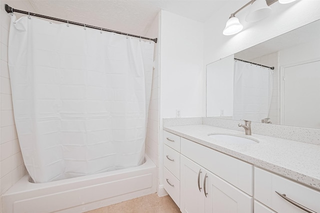 12230 Southmeadow Dr, Stafford, TX 77477 - bathroom with vanity, shower / bath combination with curtain, and tile patterned flooring
