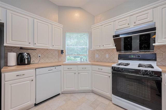 38 Barn Lantern Pl, The Woodlands, TX 77382 - kitchen featuring dishwasher, gas stove, lofted ceiling, light countertops, and white cabinetry