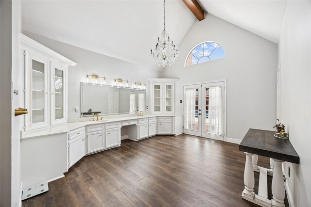 12414 Laneview Dr, Houston, TX 77070 - full bath with french doors, beamed ceiling, wood finished floors, vanity, and a chandelier