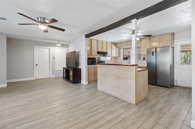 3520 Mattye Maye Dr, Pasadena, TX 77503 - kitchen with freestanding refrigerator, a ceiling fan, light brown cabinets, light wood finished floors, and beam ceiling