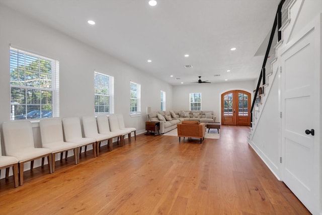 630 S Railroad Ave, Shepherd, TX 77371 - living room featuring recessed lighting, light wood-type flooring, french doors, and ceiling fan