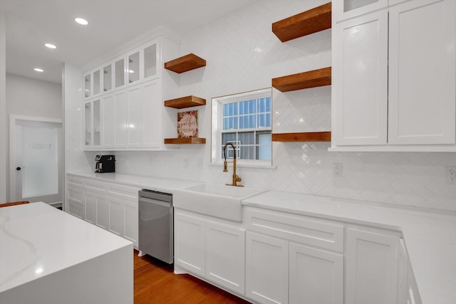 630 S Railroad Ave, Shepherd, TX 77371 - kitchen featuring open shelves, dishwasher, backsplash, white cabinets, and recessed lighting