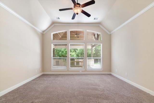 15602 Shining Brook Ct, Houston, TX 77044 - spare room featuring ceiling fan, carpet flooring, vaulted ceiling, and ornamental molding