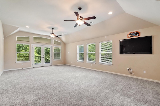 15602 Shining Brook Ct, Houston, TX 77044 - unfurnished living room featuring vaulted ceiling, plenty of natural light, french doors, carpet, and recessed lighting
