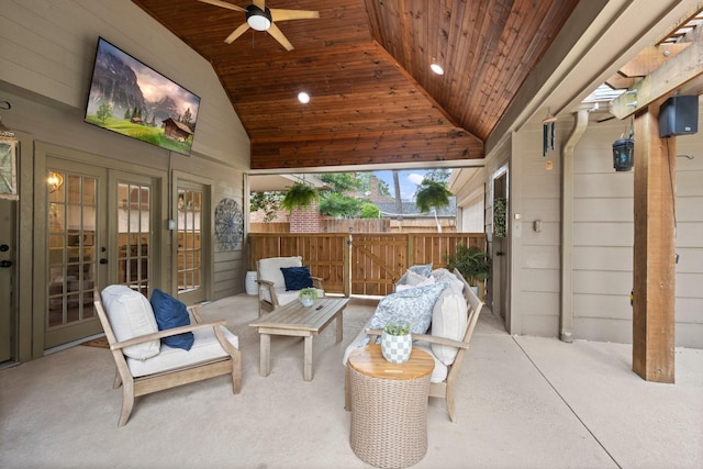 13306 Golden Valley Dr, Cypress, TX 77429 - view of patio featuring french doors, a ceiling fan, an outdoor living space, and a gate