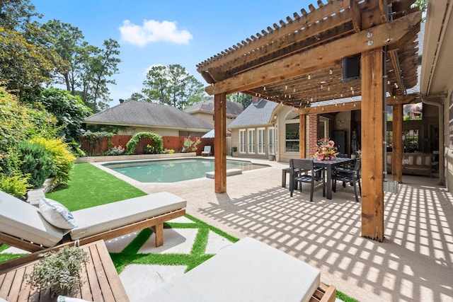 13306 Golden Valley Dr, Cypress, TX 77429 - view of swimming pool with a pergola, a fenced backyard, a patio, and outdoor dining space