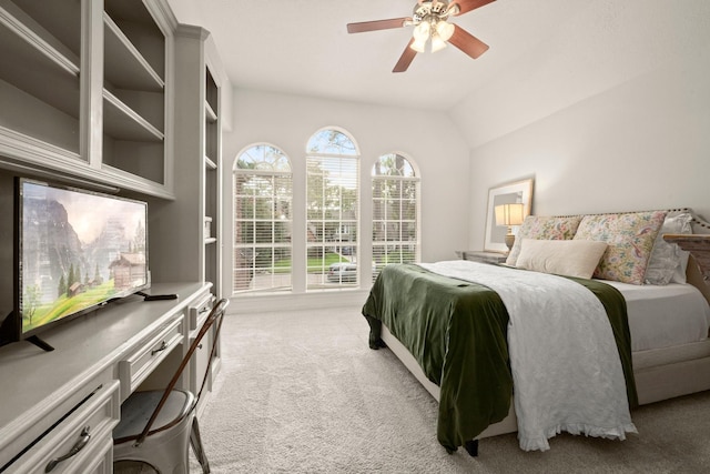 13306 Golden Valley Dr, Cypress, TX 77429 - bedroom featuring light carpet, a desk, ceiling fan, and vaulted ceiling