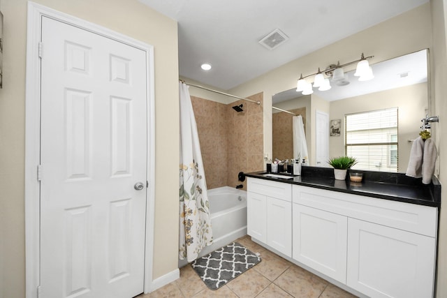 19110 Remington Springs Dr, Houston, TX 77073 - bathroom with vanity, shower / bathtub combination with curtain, tile patterned flooring, and recessed lighting