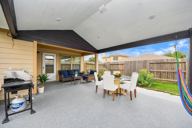 19110 Remington Springs Dr, Houston, TX 77073 - fenced backyard featuring outdoor lounge area, a patio, outdoor dining area, and area for grilling