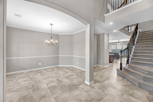 30212 Green Meadows Ln, Brookshire, TX 77423 - foyer entrance featuring stairway, arched walkways, a chandelier, ornamental molding, and ceiling fan