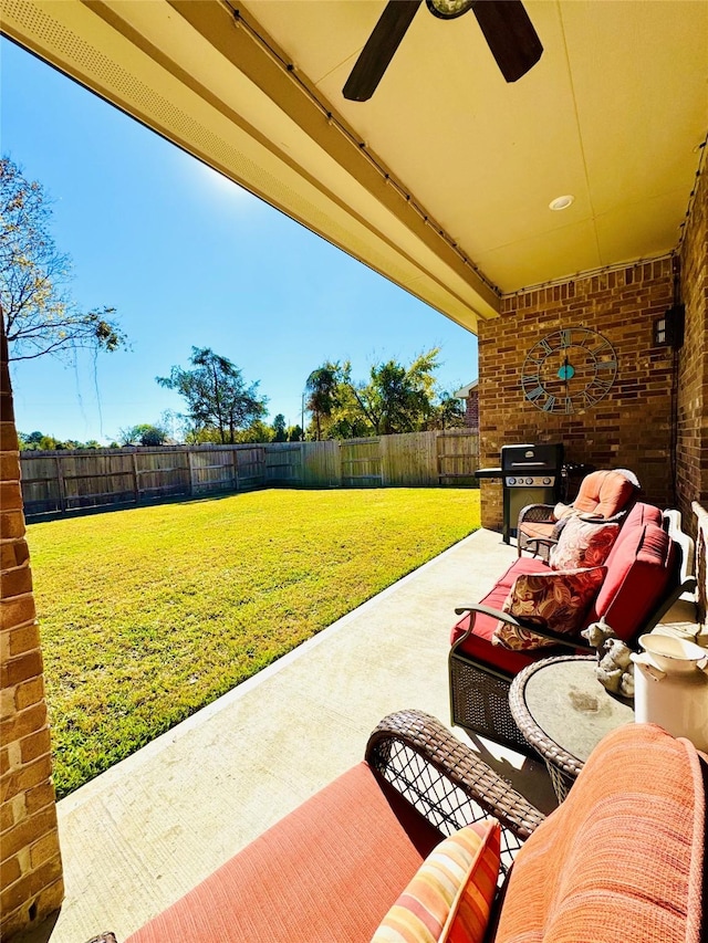 11119 Alpenhorn Pl, Tomball, TX 77375 - fenced backyard featuring a patio area, a ceiling fan, and a grill