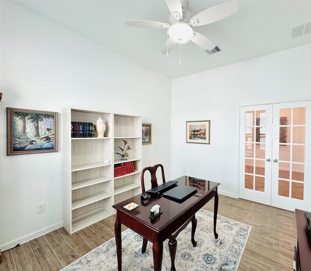 11119 Alpenhorn Pl, Tomball, TX 77375 - office area with light wood-style floors, french doors, and a ceiling fan