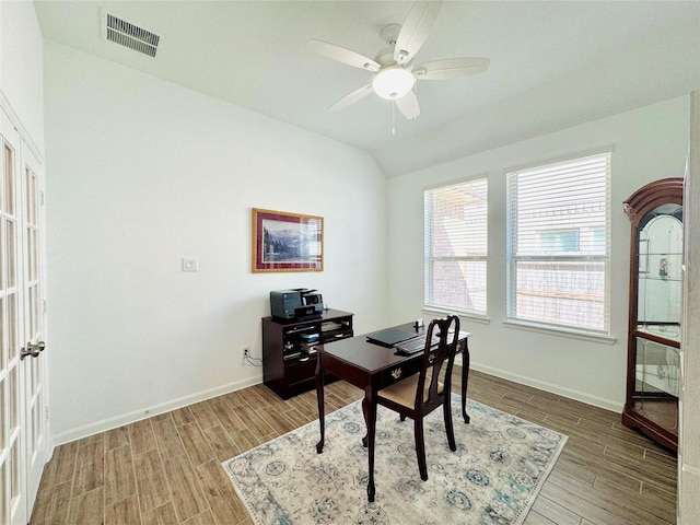11119 Alpenhorn Pl, Tomball, TX 77375 - office space with wood finished floors, a ceiling fan, and vaulted ceiling