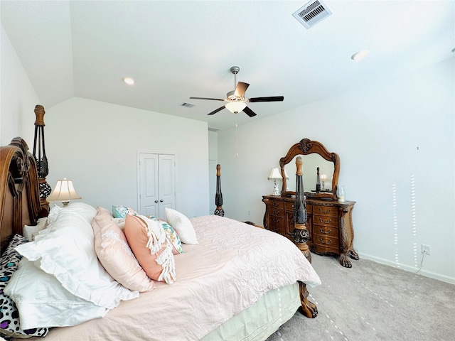 11119 Alpenhorn Pl, Tomball, TX 77375 - bedroom with light carpet, a ceiling fan, a closet, lofted ceiling, and recessed lighting