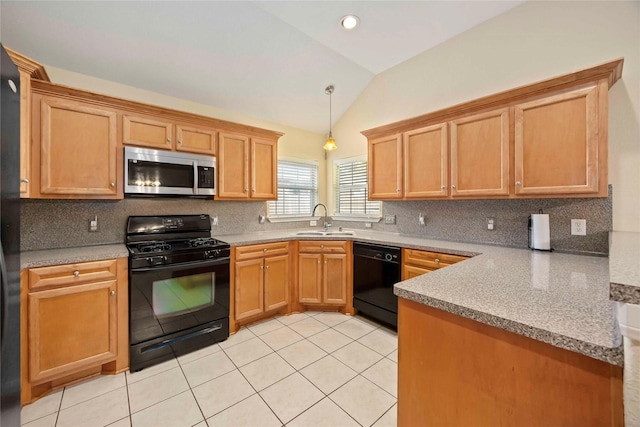3722 Kildare Dr, Houston, TX 77047 - kitchen featuring black appliances, tasteful backsplash, vaulted ceiling, light tile patterned floors, and pendant lighting
