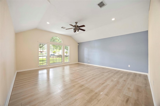 3722 Kildare Dr, Houston, TX 77047 - unfurnished room with vaulted ceiling, a ceiling fan, light wood-style floors, and recessed lighting