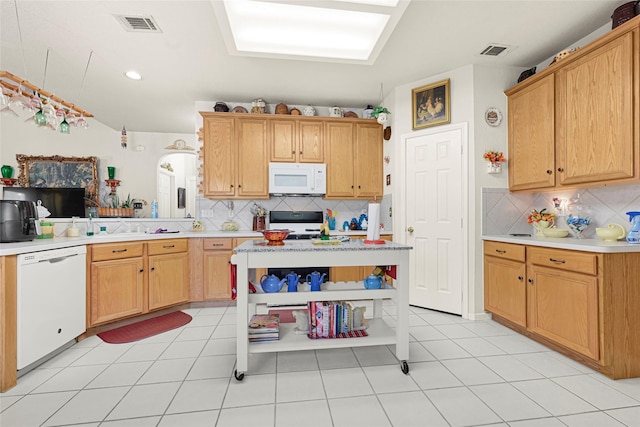 16535 Mccormick Dr, Houston, TX 77095 - kitchen featuring white appliances, open shelves, light countertops, decorative backsplash, and recessed lighting