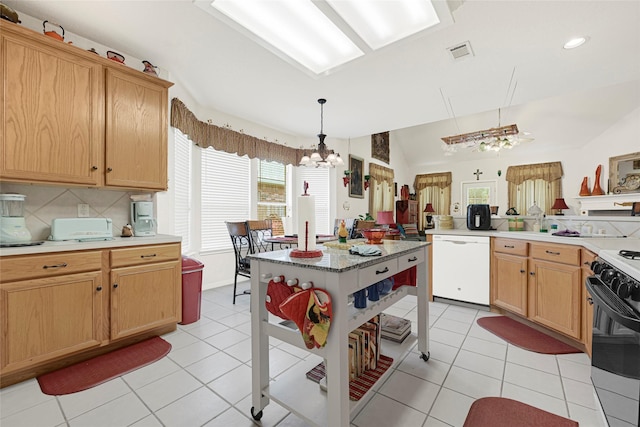 16535 Mccormick Dr, Houston, TX 77095 - kitchen featuring white dishwasher, electric stove, light tile patterned floors, a chandelier, and recessed lighting