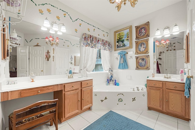 16535 Mccormick Dr, Houston, TX 77095 - bathroom with tile patterned flooring, a chandelier, two vanities, and a garden tub