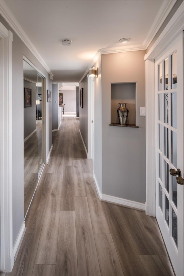 5001 Woodway Dr Unit 1704, Houston, TX 77056 - hall with crown molding, dark wood-style floors, and french doors
