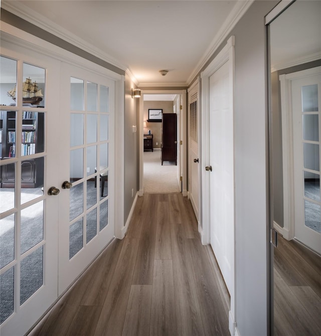 5001 Woodway Dr Unit 1704, Houston, TX 77056 - corridor featuring french doors, dark wood-style flooring, and ornamental molding