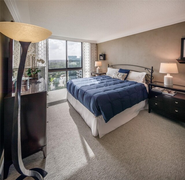 5001 Woodway Dr Unit 1704, Houston, TX 77056 - bedroom featuring carpet flooring, expansive windows, crown molding, and a textured ceiling