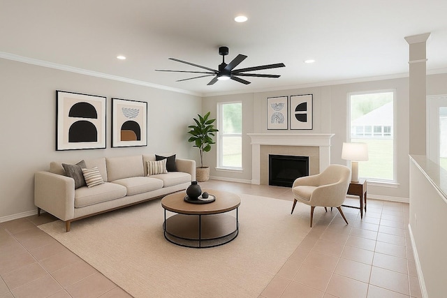 22 Crestview Trl, Houston, TX 77082 - living area with light tile patterned flooring, ornamental molding, ceiling fan, a tile fireplace, and recessed lighting
