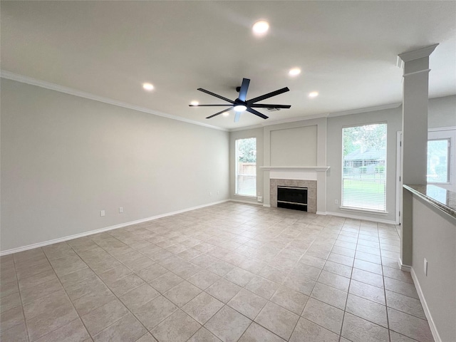 22 Crestview Trl, Houston, TX 77082 - unfurnished living room with recessed lighting, crown molding, healthy amount of natural light, light tile patterned floors, and ceiling fan