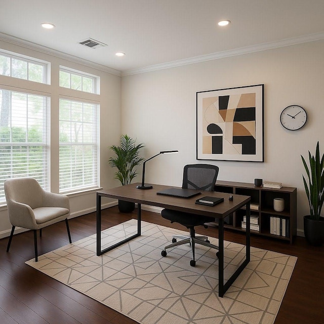 22 Crestview Trl, Houston, TX 77082 - home office featuring ornamental molding, light wood-style floors, and recessed lighting