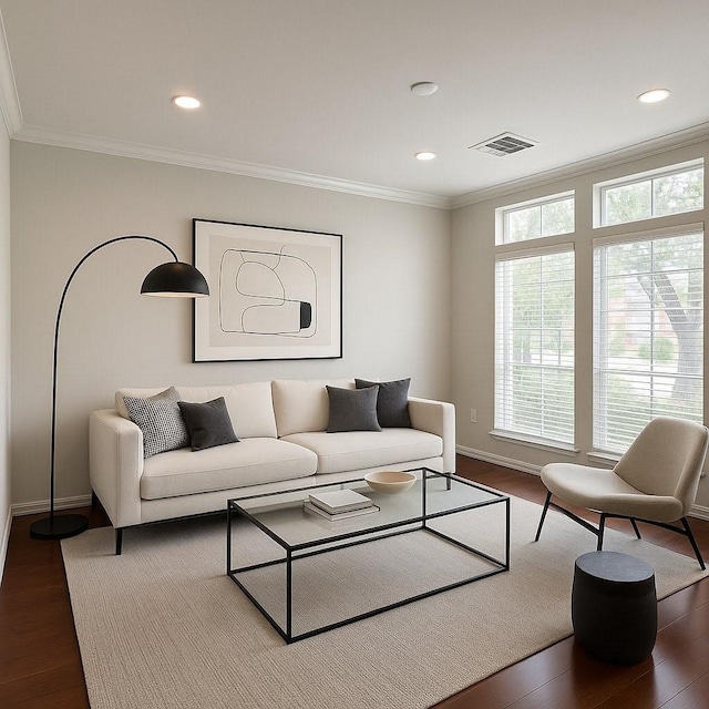 22 Crestview Trl, Houston, TX 77082 - living room featuring dark wood-type flooring, ornamental molding, and recessed lighting