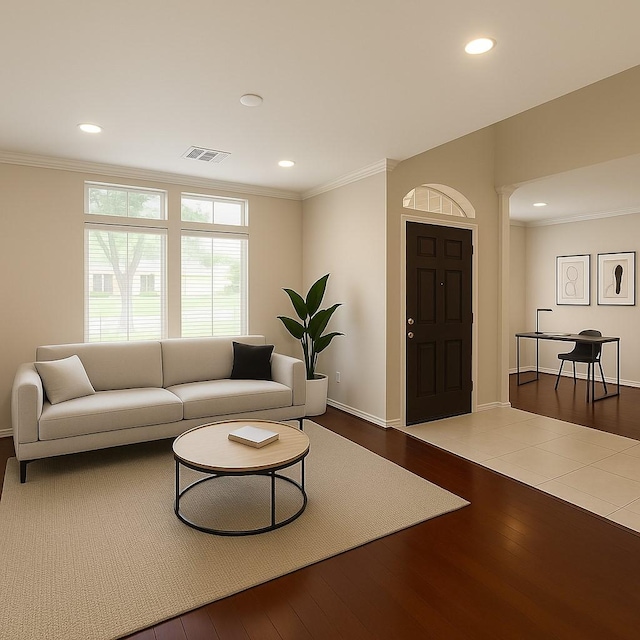 22 Crestview Trl, Houston, TX 77082 - living area with dark wood-style floors, crown molding, and recessed lighting