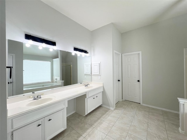 22 Crestview Trl, Houston, TX 77082 - bathroom featuring a garden tub, double vanity, and an enclosed shower