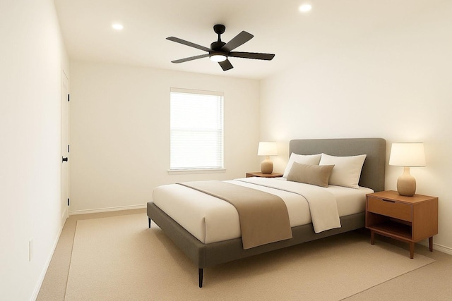 22 Crestview Trl, Houston, TX 77082 - bedroom with light colored carpet, recessed lighting, and a ceiling fan