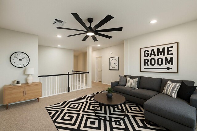 22 Crestview Trl, Houston, TX 77082 - living area with a ceiling fan, carpet floors, and recessed lighting