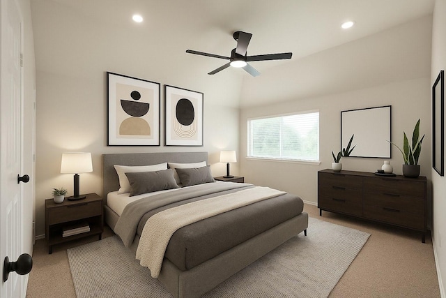 22 Crestview Trl, Houston, TX 77082 - bedroom with light carpet, recessed lighting, lofted ceiling, and ceiling fan