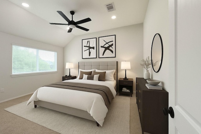 22 Crestview Trl, Houston, TX 77082 - bedroom with light carpet, a ceiling fan, vaulted ceiling, and recessed lighting
