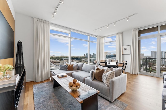 2207 Bancroft St Unit 1104, Houston, TX 77027 - living room with track lighting, a view of skyline, light wood-type flooring, and a wall of windows