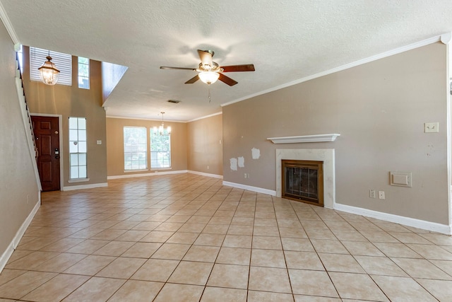 2611 Potomac Dr, League City, TX 77573 - unfurnished living room with a ceiling fan, a premium fireplace, light tile patterned flooring, a chandelier, and ornamental molding