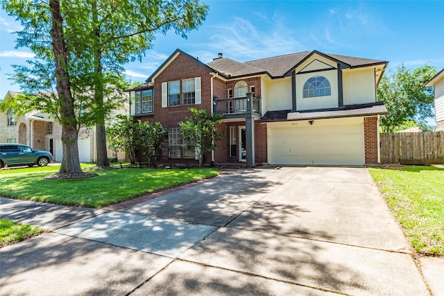 2611 Potomac Dr, League City, TX 77573 - traditional-style home featuring a balcony, an attached garage, concrete driveway, and brick siding
