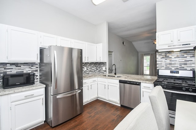 16810 Rockstone, Houston, TX 77084 - kitchen featuring appliances with stainless steel finishes, decorative backsplash, lofted ceiling, dark wood-style flooring, and ceiling fan